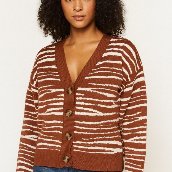 Simple Zebra Patterned Brown and White Cardigan - Picture 1 of 5
